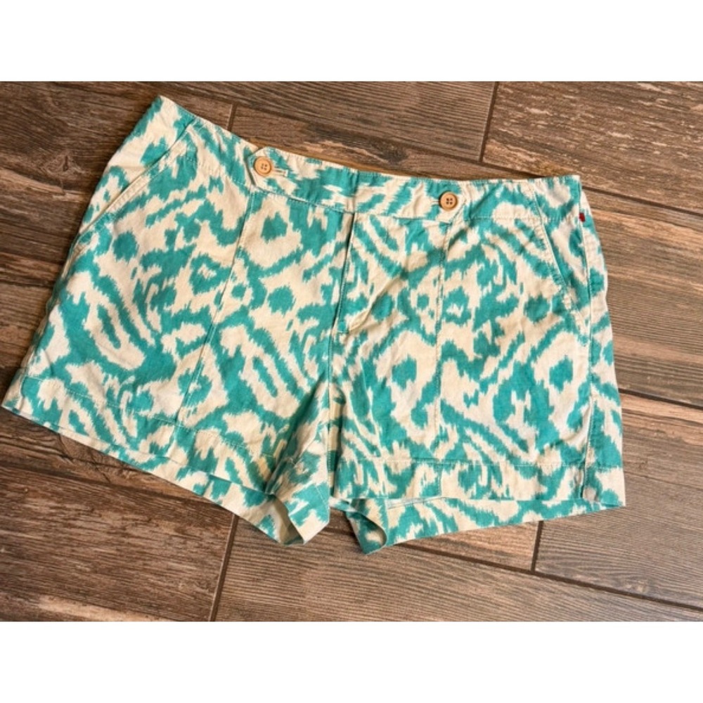 LOFT Womens Teal White Ikat Print Shorts Cotton Stretch Boho Size 8P